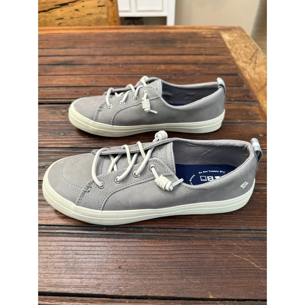 Sperry Crest Vibe Washable Leather Barrel Lace Sneakers Light Grey 8.5 Preppy